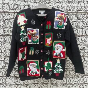 Vintage 90s Yarnworks AOP Rudolph Santa Stockings Tree Christmas Cardigan SMALL